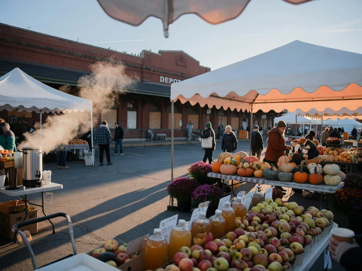 White market canopies beside the red-brick Glenside train station on a crisp October morning, crates of heirloom apples, cider jugs, pumpkins and winter squash in golden light, shoppers as distant figures browsing the stalls