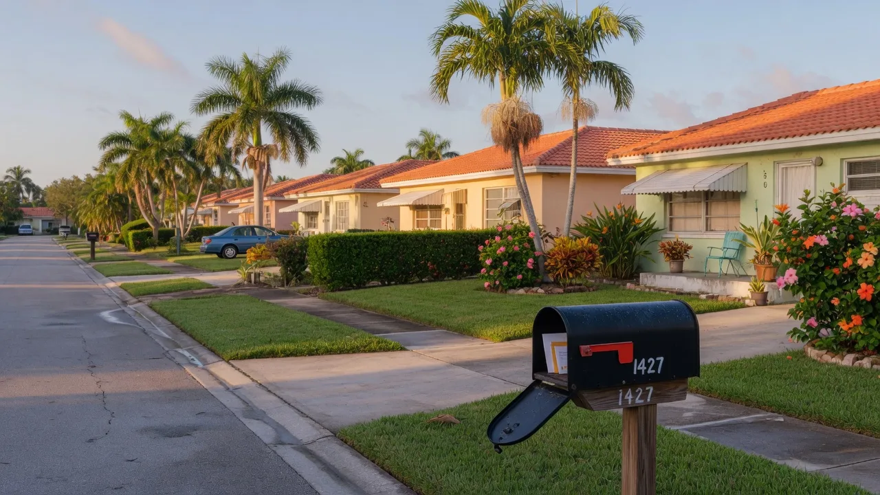 Quiet South Florida residential street with stucco homes, palm trees, and a curbside mailbox in golden morning light