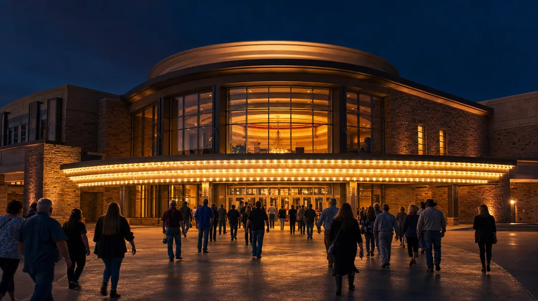 The Choctaw Grand Theater entrance at night with marquee lighting and modern glass facade