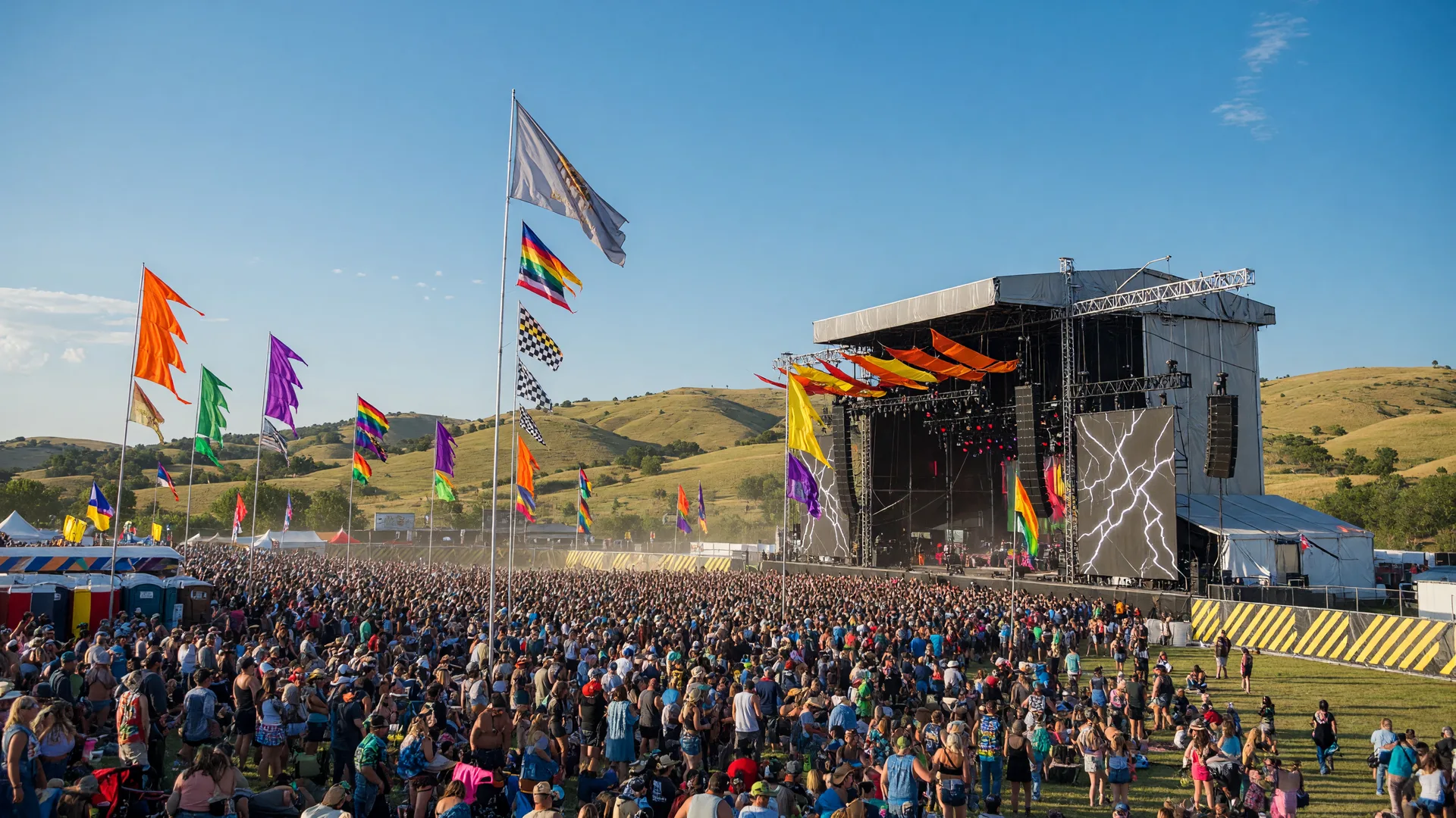 Rocklahoma music festival at Pryor Creek Music Festival Grounds with a large crowd and outdoor stage under blue Oklahoma sky