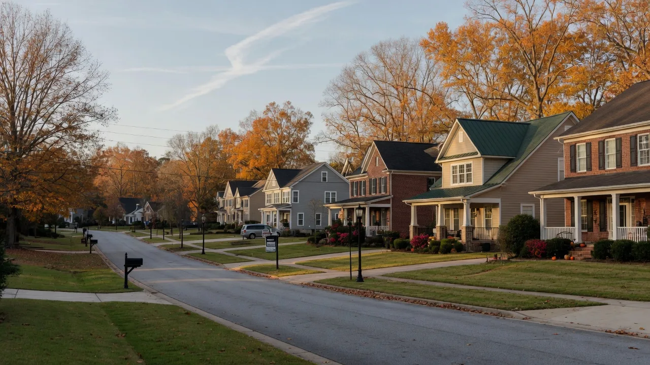 A west-metro Atlanta suburban street near Douglasville and Villa Rica with brick and craftsman homes in warm late-autumn light