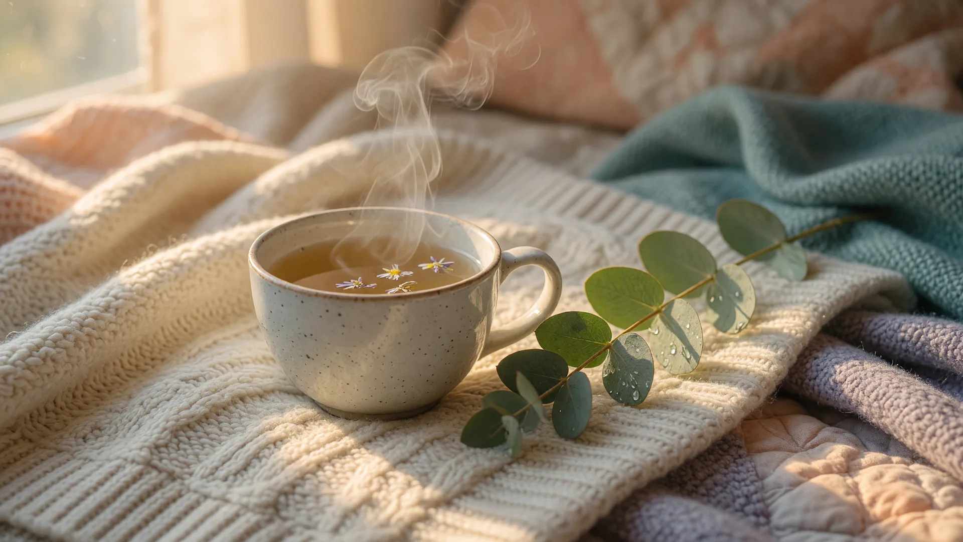 A ceramic cup of herbal tea on a cream knitted throw with a sprig of eucalyptus in warm light
