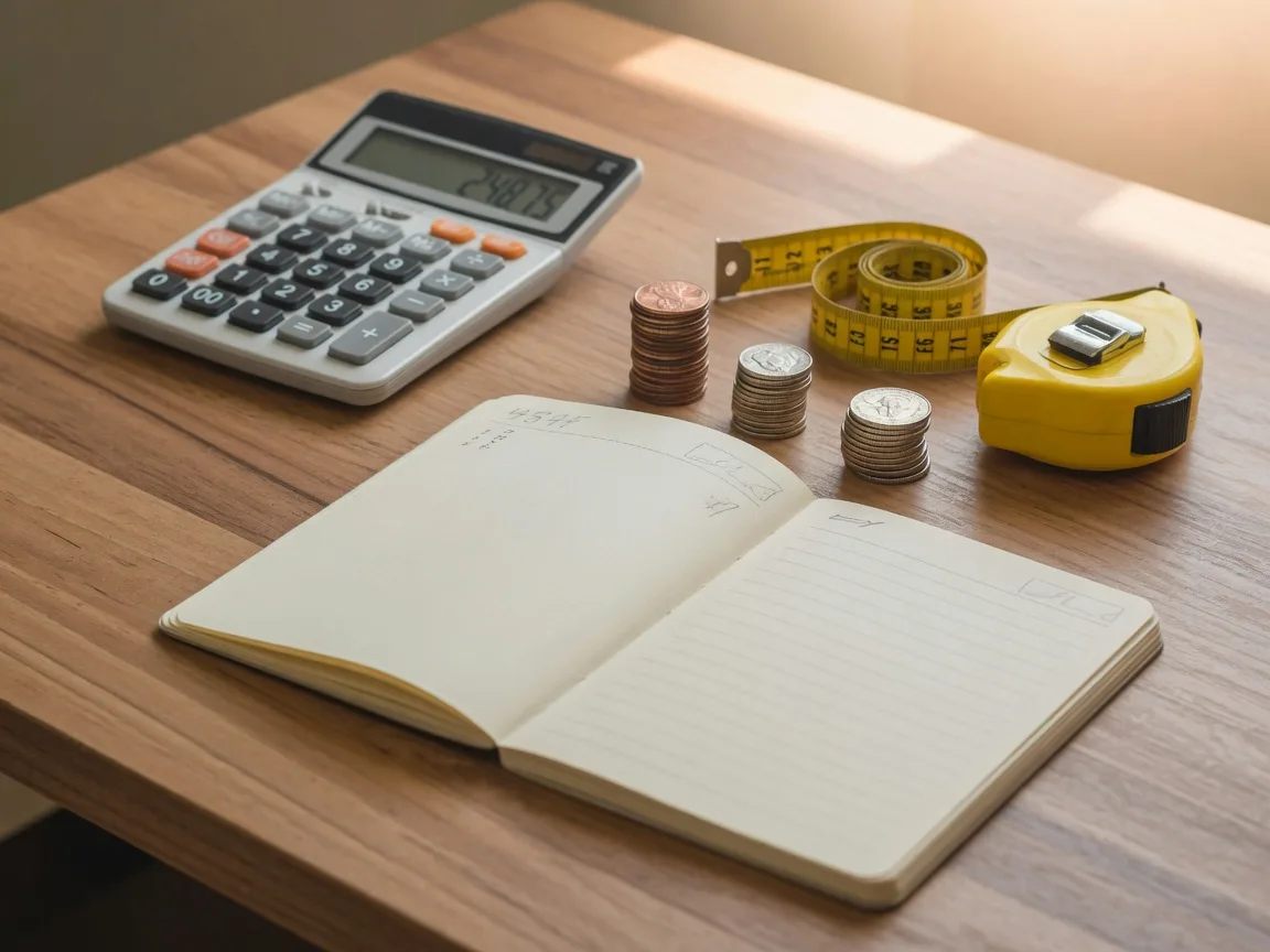 Calculator, measuring tape, and coins on a warm wooden desk in morning light