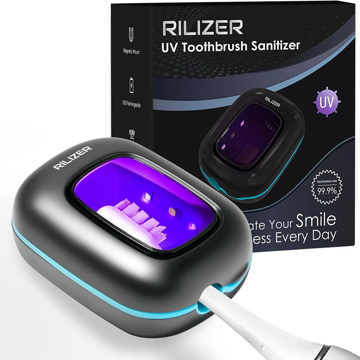Funda desinfectante para cepillo de dientes UV, funda desinfectante UV-C recargable por USB-C, fotografía de producto