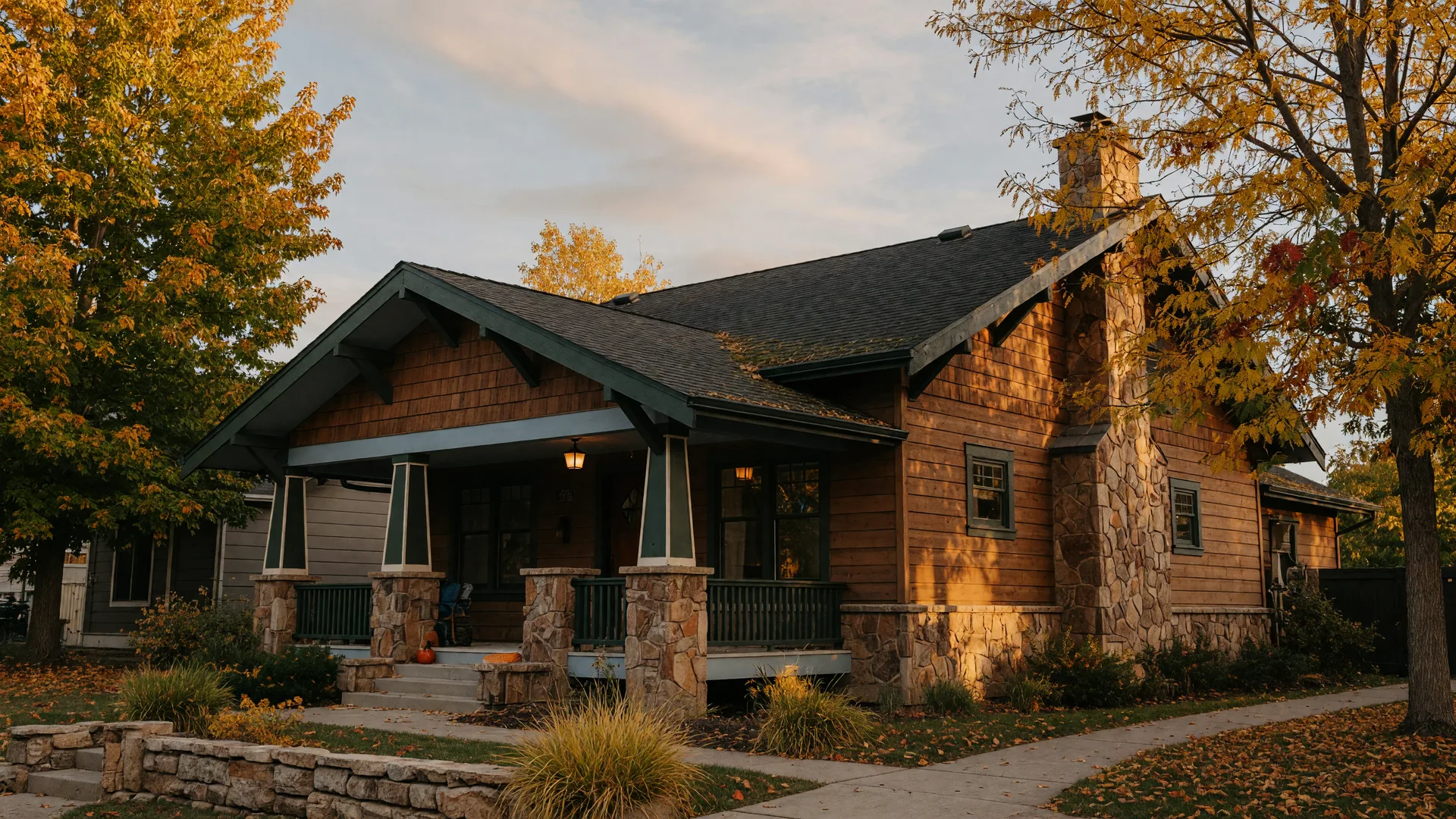 A warm craftsman home in the Tri-Cities with cedar siding and stone accents in golden early-autumn light