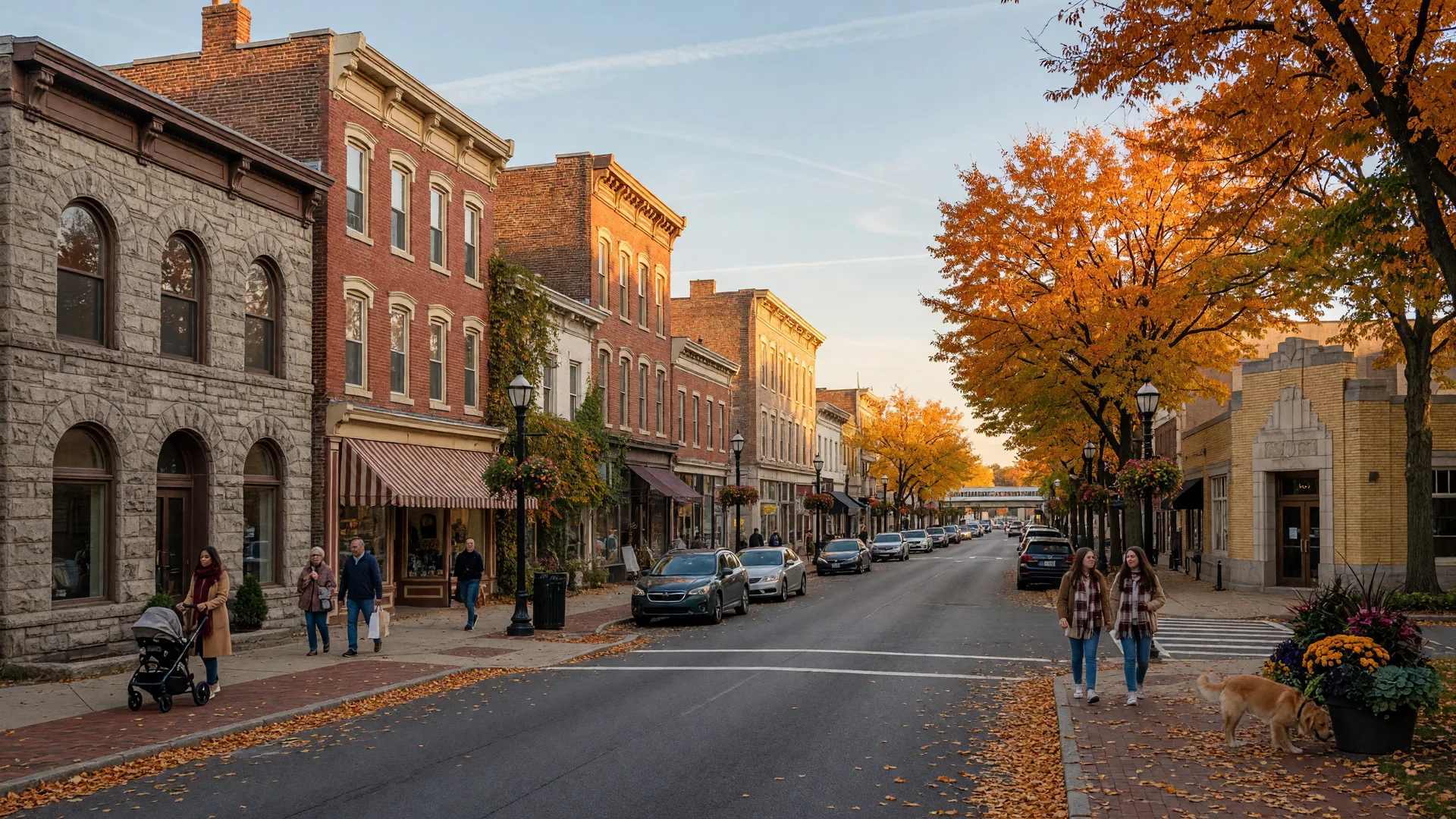 Ardmore Main Line village with charming downtown Lancaster Avenue and Suburban Square in autumn