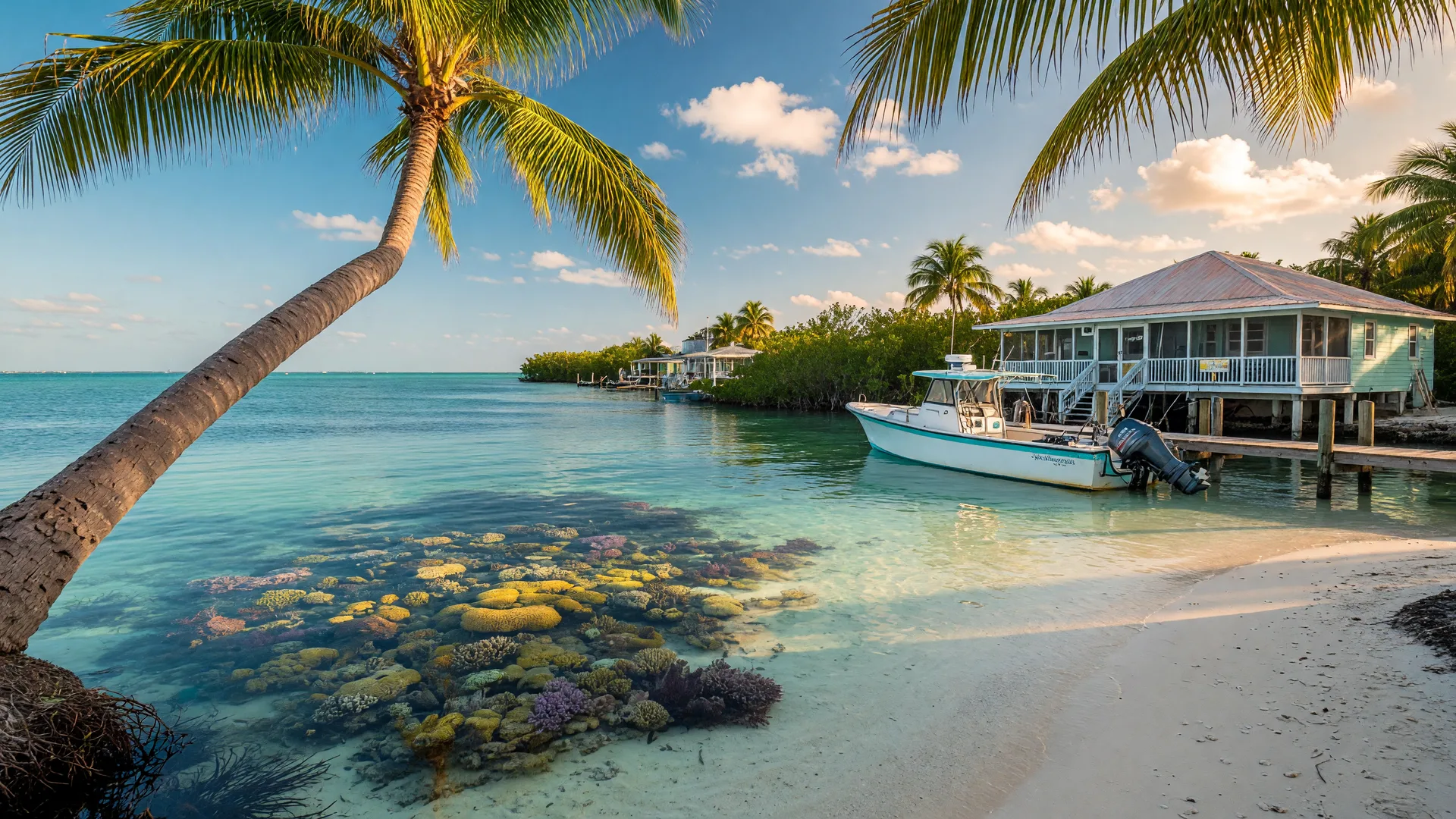 A scenic Florida Keys travel view with turquoise water, palm trees, and tropical coastline