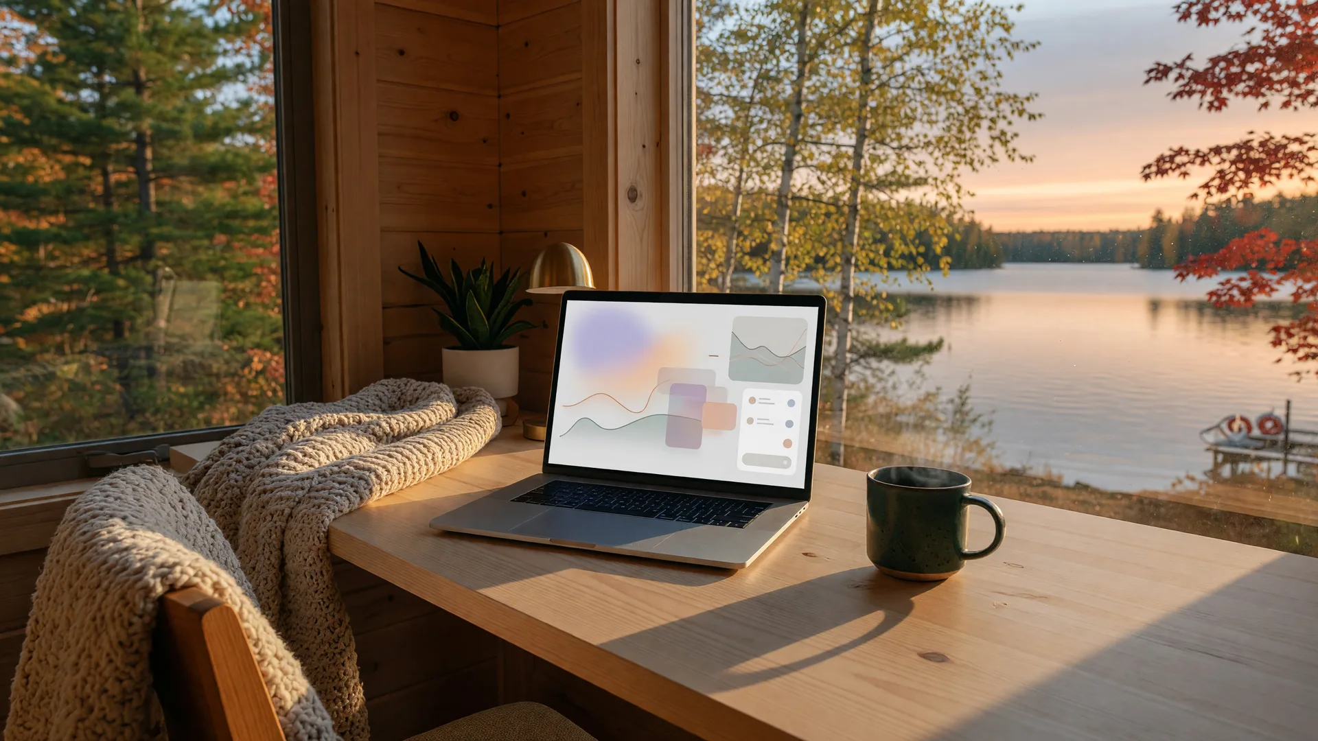 A lakeside home office in northern Minnesota at golden hour with an open laptop showing a soft analytics dashboard