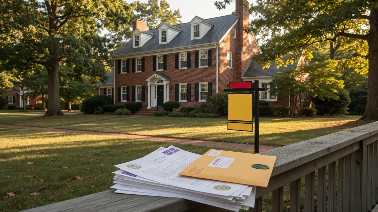 Maryland brick colonial home with a For Sale sign, official tax documents on the porch railing in the foreground