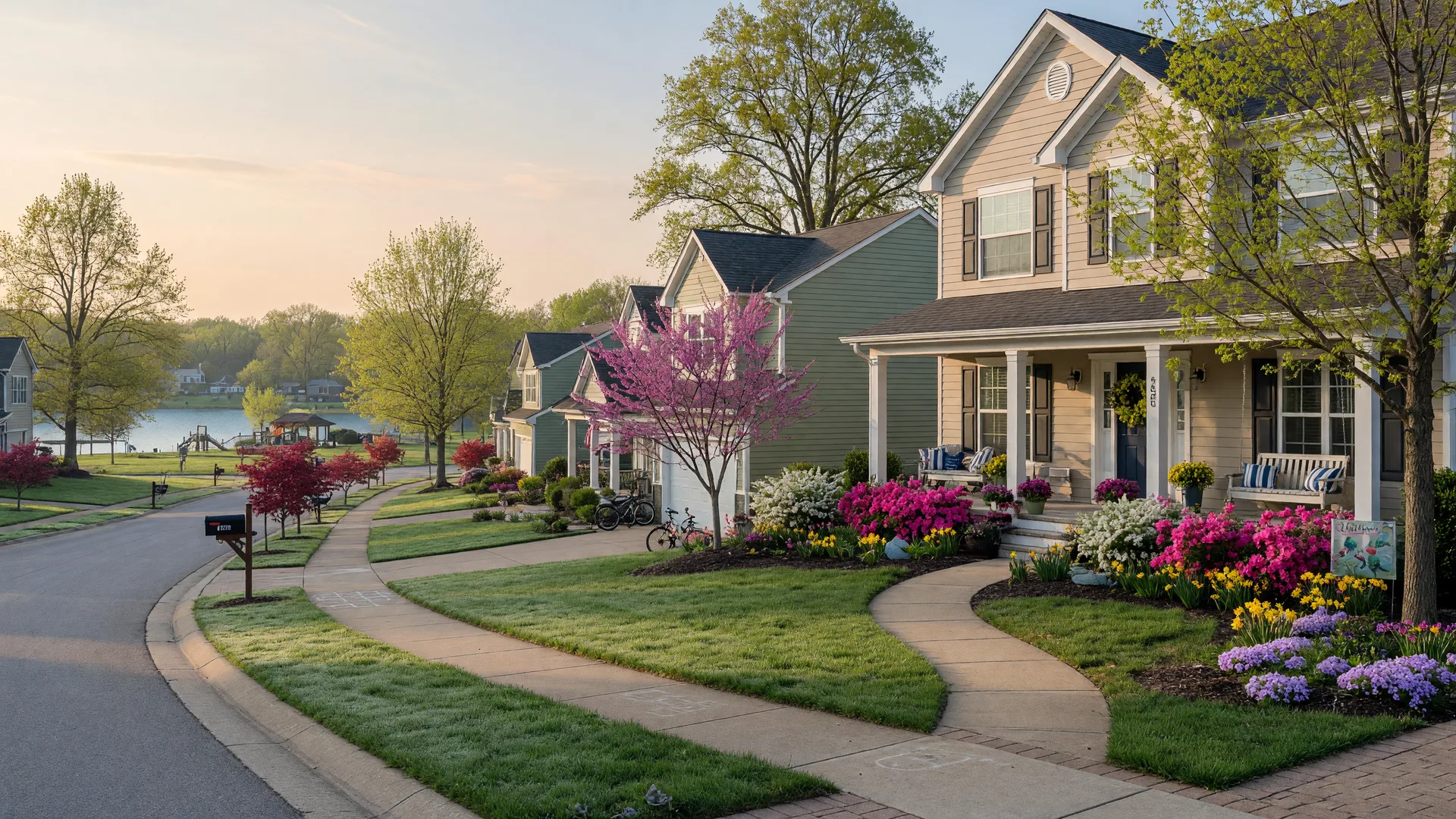 Welcoming new home in East Metro Missouri with flowering landscaping and community lake