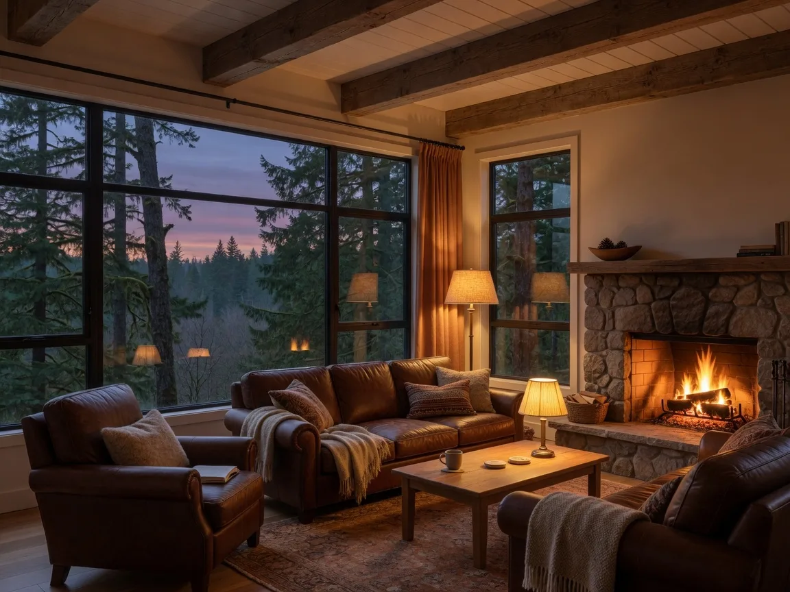 Modern living room with warm lamplight and Pacific Northwest views