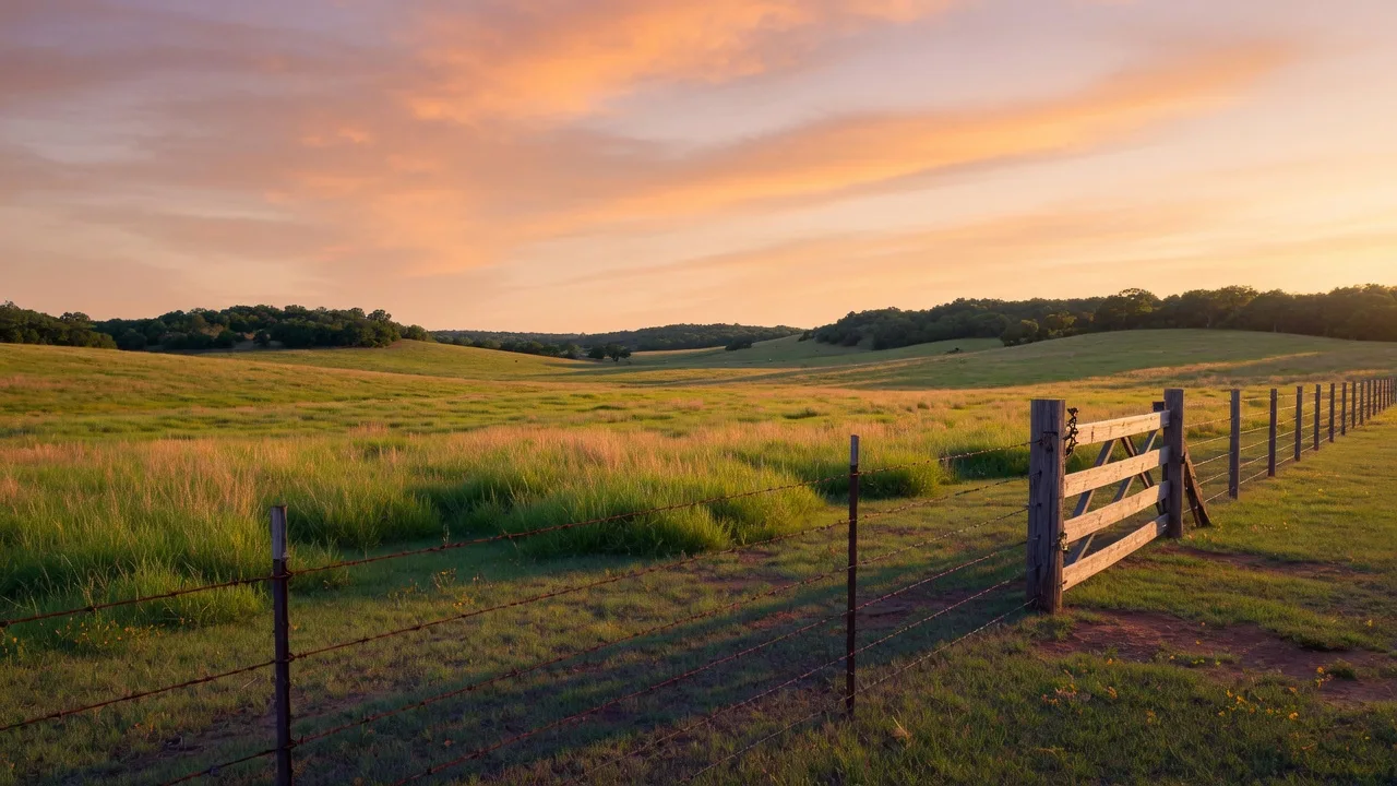 Expansive Texas ranchland at golden hour with rolling green pastures, a barbed wire fence, and a wide dramatic sky