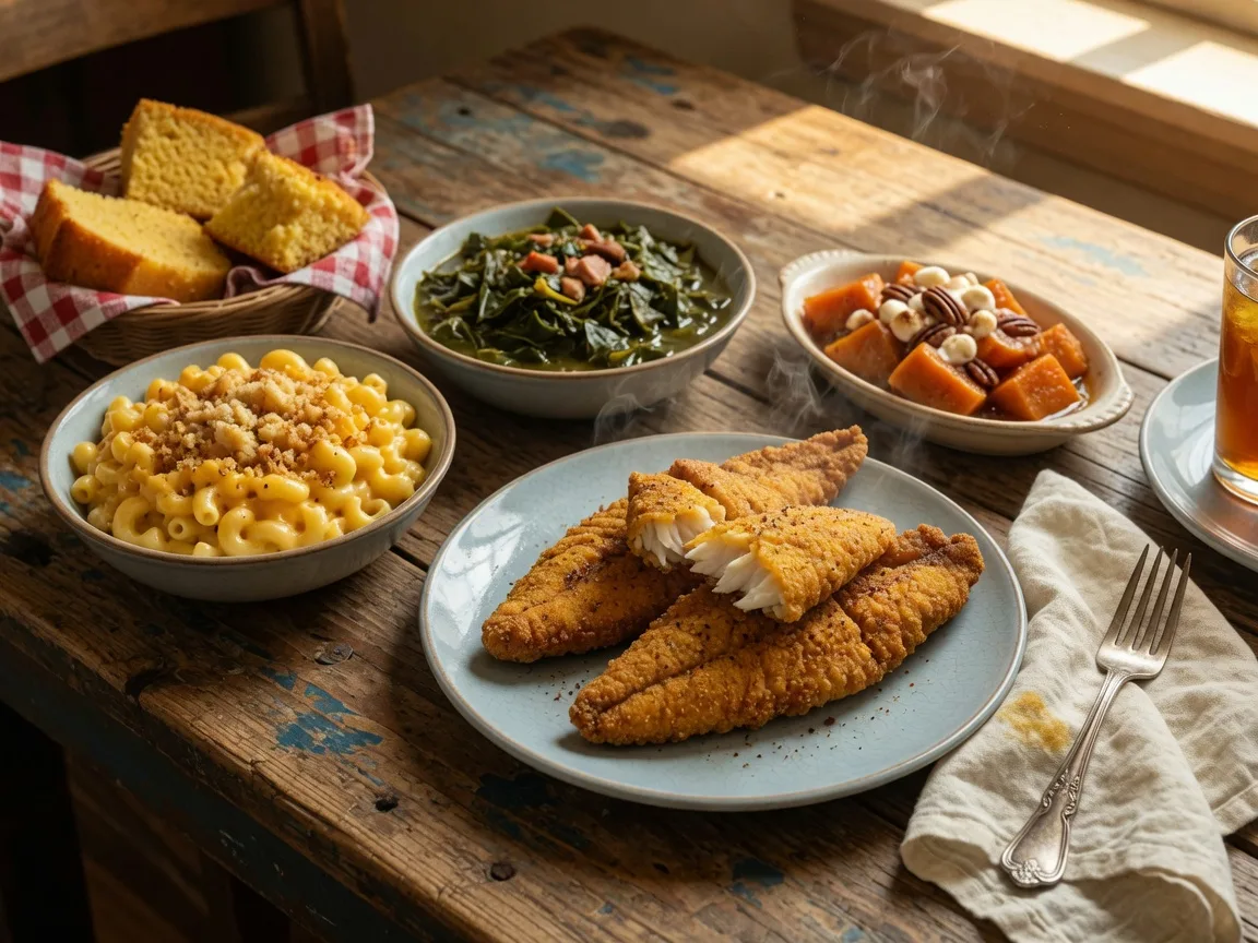 Southern soul food dinner at Cuzinz The Southern Soul Bistro in Buford Georgia, golden fried catfish with creamy mac and cheese, collard greens, and candied yams on a rustic wooden table