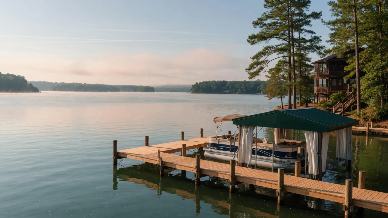 A private wooden piling dock with a covered boat lift on the calm teal water of Lake Norman, framed by pines on a late-summer morning