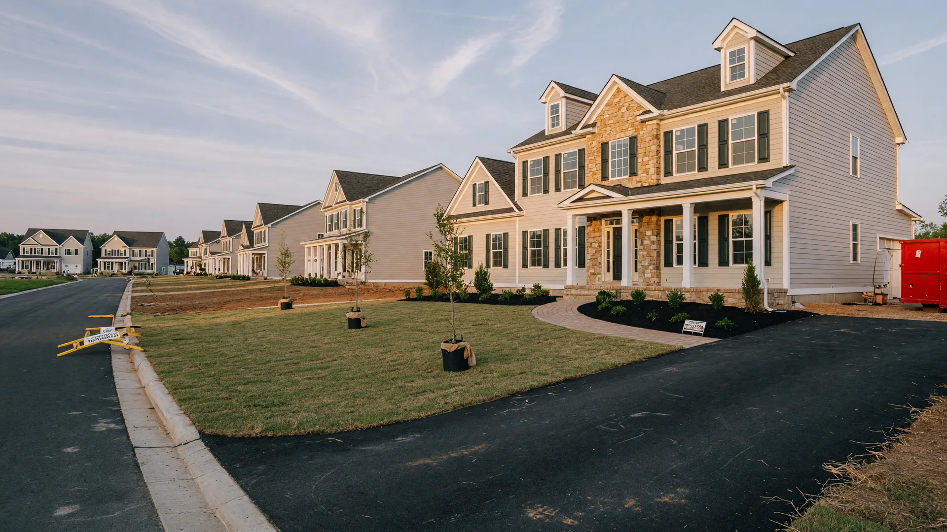A newly constructed modern colonial home in a Virginia new construction community at golden hour, with light siding, dark shutters, and a stone-accented entry