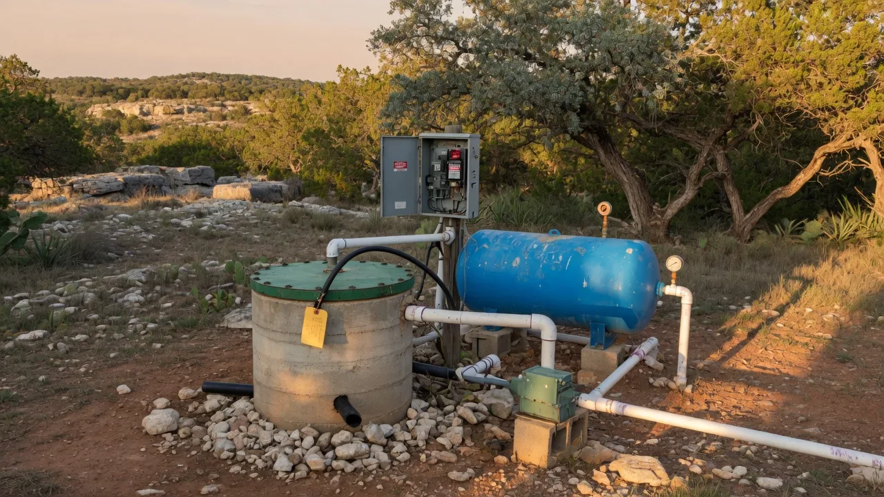 Illustrative shared-well equipment on a Hill Country property, including a wellhead, pressure tank, electrical controls and connected piping