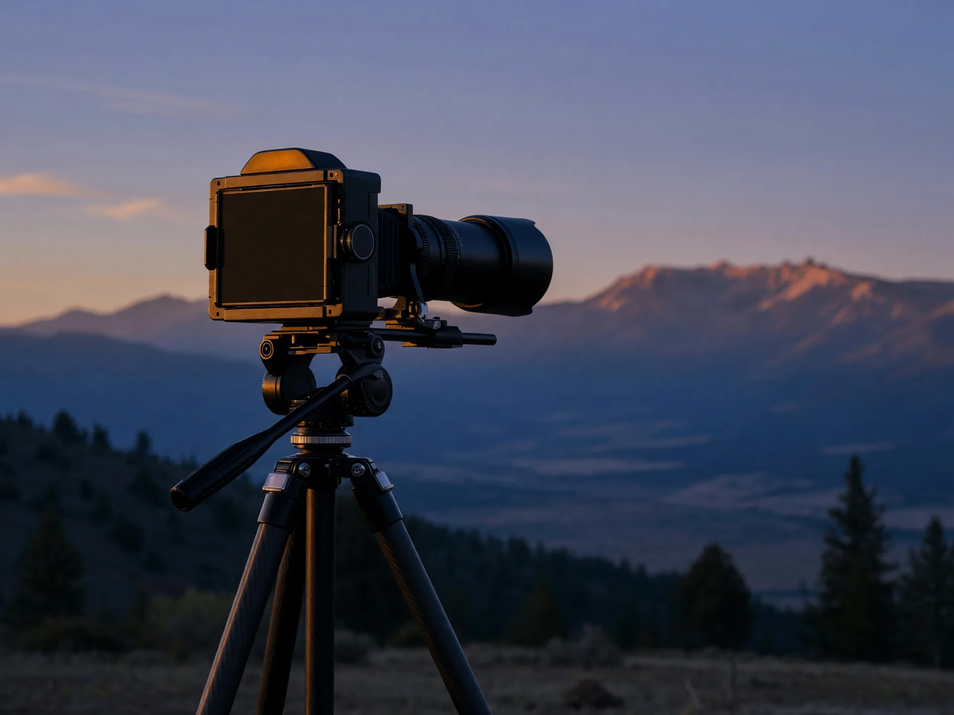 Camera on a tripod silhouetted against a Southern Oregon dusk, ready for an evening shoot