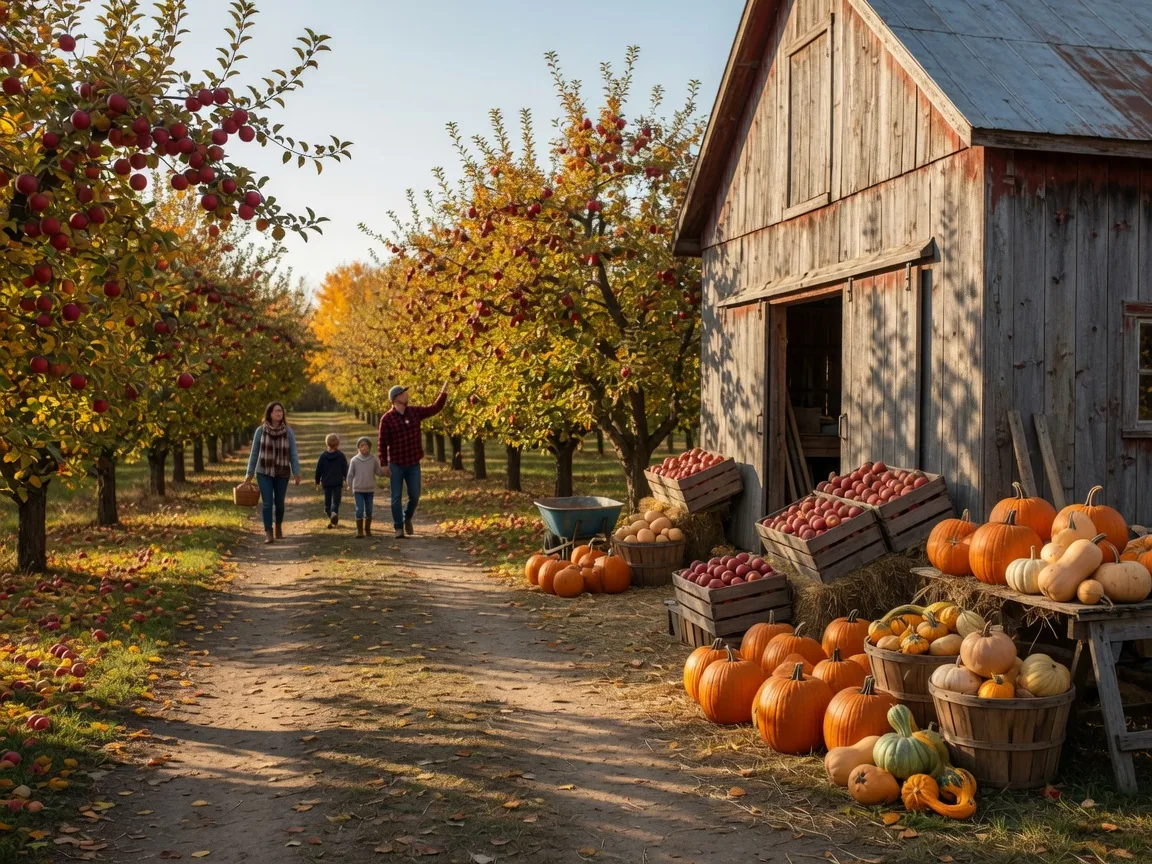 A sunny Thanksgiving weekend afternoon at a family-run Ontario orchard and winery, rows of apple trees heavy with ripe red apples, wooden crates and a harvest display of pumpkins, squash and gourds near a rustic barn, and golden low autumn light across the orchard lane