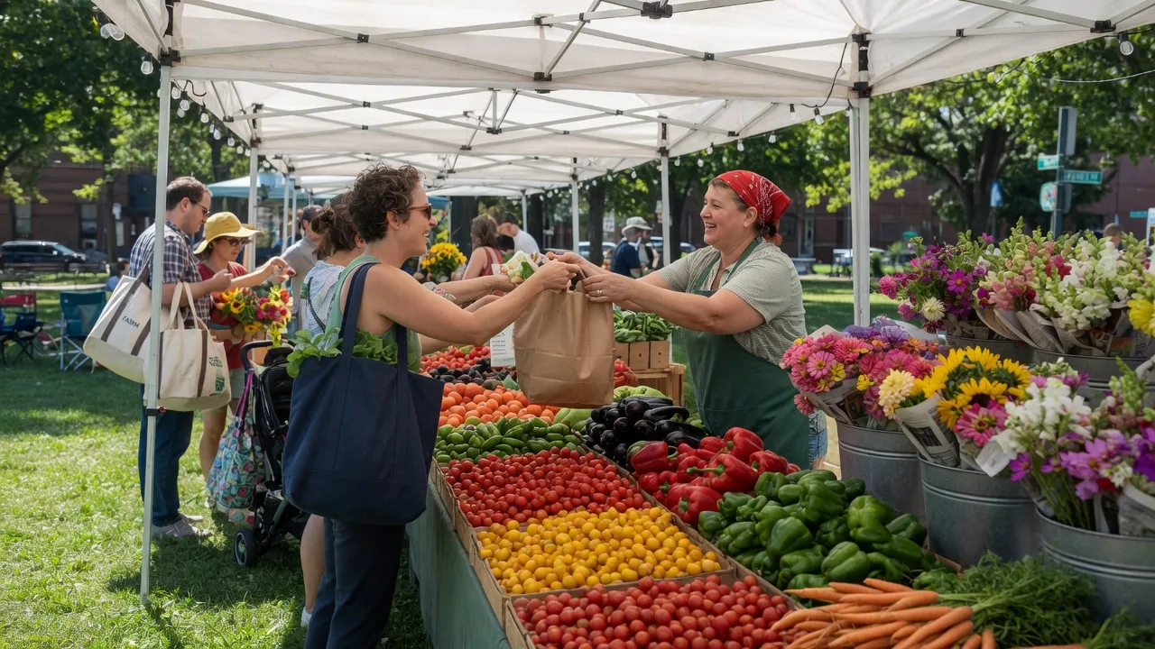 Bright market stalls piled with fresh produce and cut flowers on a sunny Saturday morning