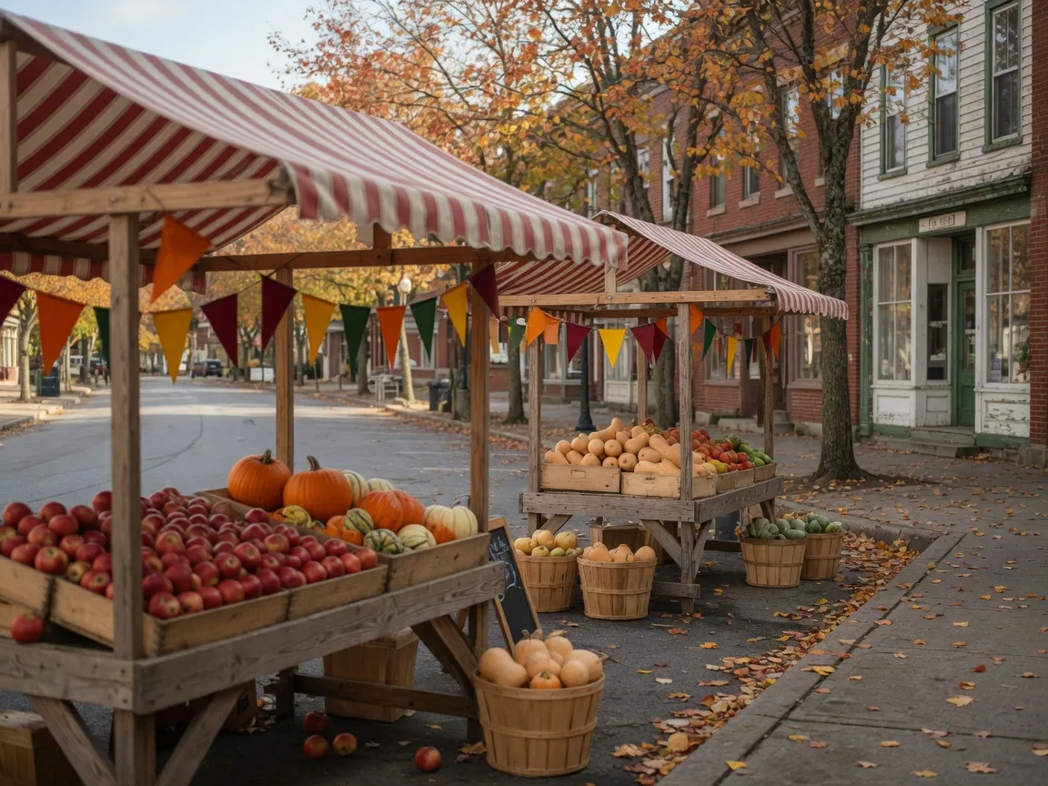 Seasonal farmers market stalls with apples, pumpkins, and produce along a small Pennsylvania Main Street in autumn