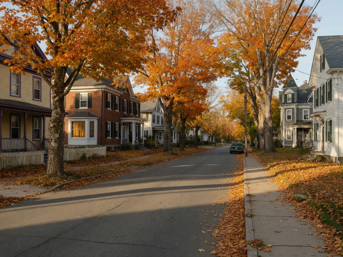 A tree-lined historic street in Moorestown in fall, with Victorian homes beneath orange and gold maples