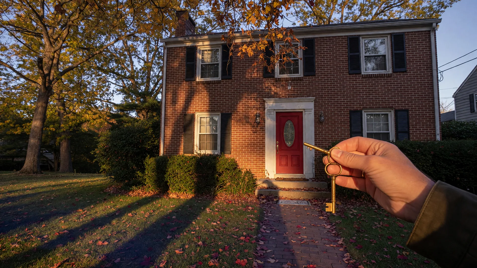 A hand holding a key at the front door of an inherited suburban colonial home in autumn afternoon light