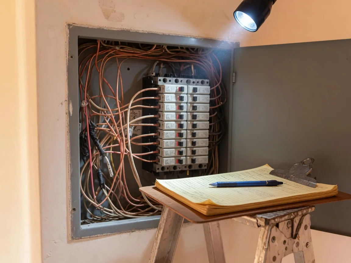 Open electrical panel with wiring lit by a flashlight during a home inspection