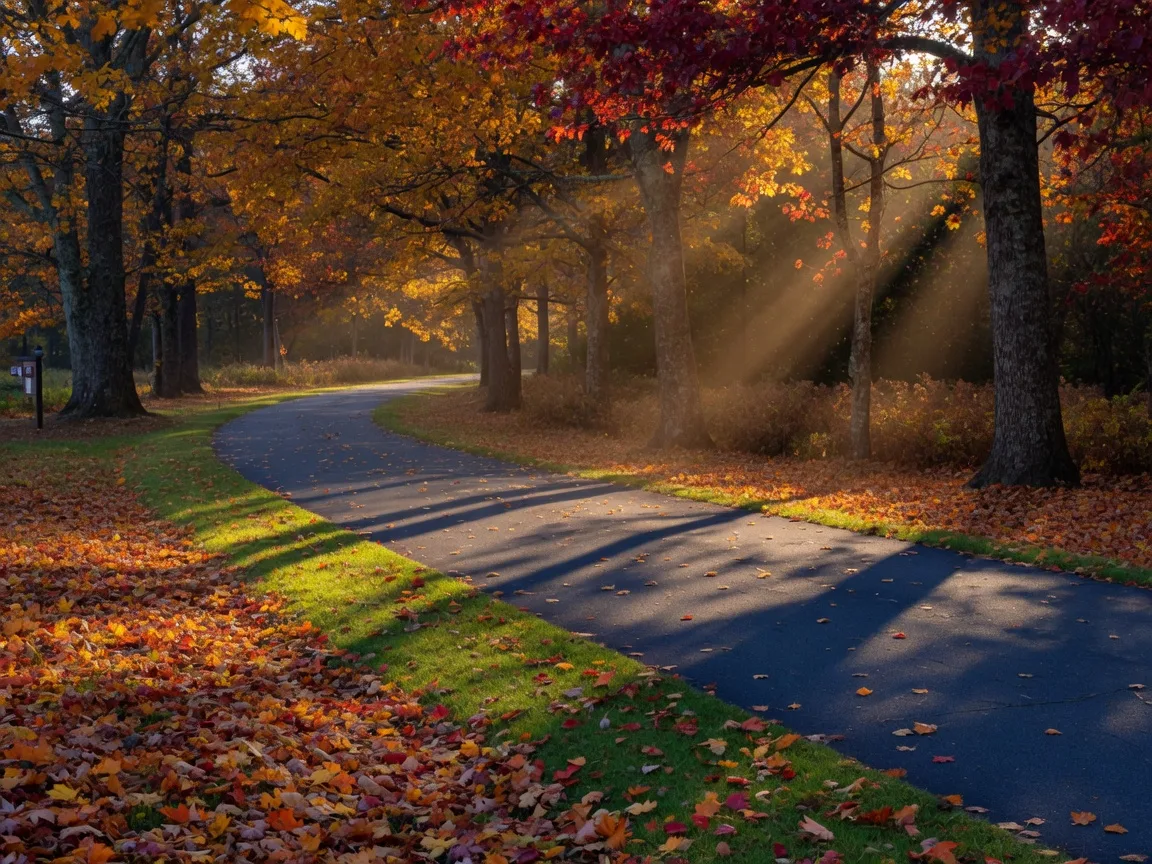 A tree-lined greenway trail through autumn woods