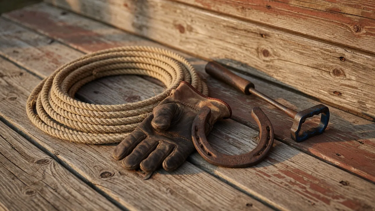 Rustic western ranch accents: a coiled rope, leather work glove, horseshoe, and branding iron on weathered fence planks