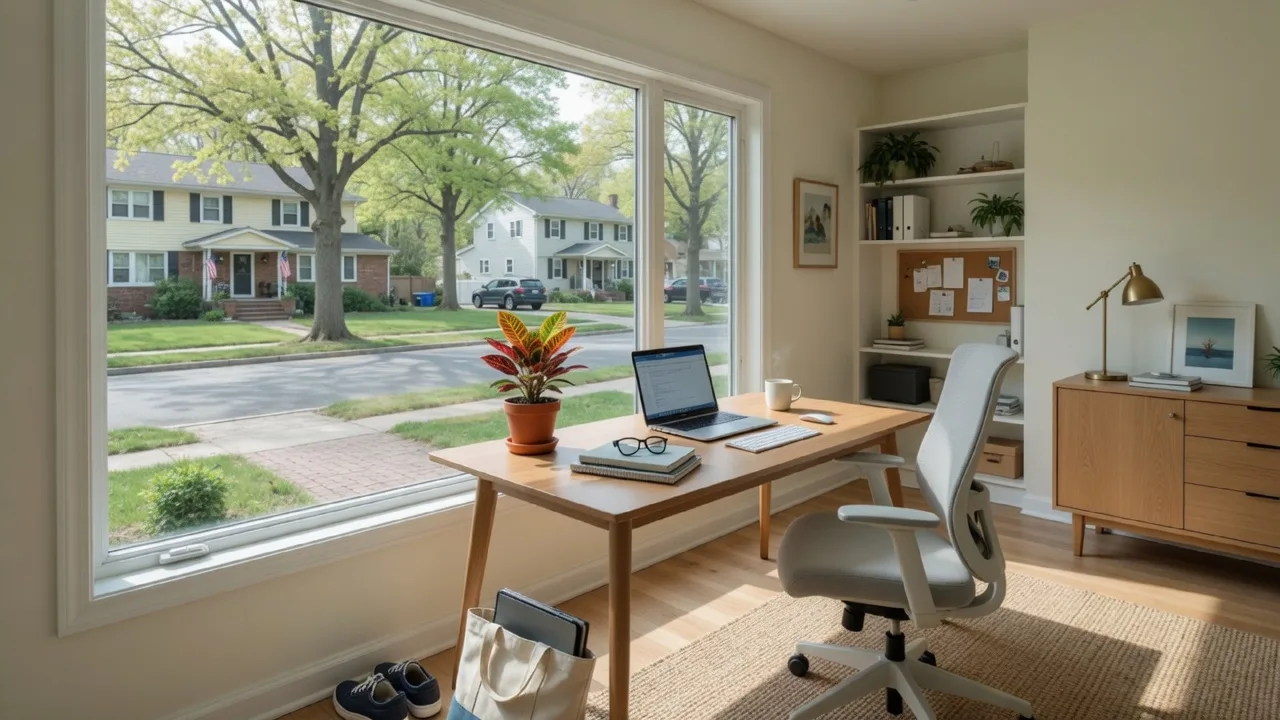 Bright modern home office with a large window overlooking a tree-lined South Jersey street, natural daylight, clean desk with ergonomic chair and laptop