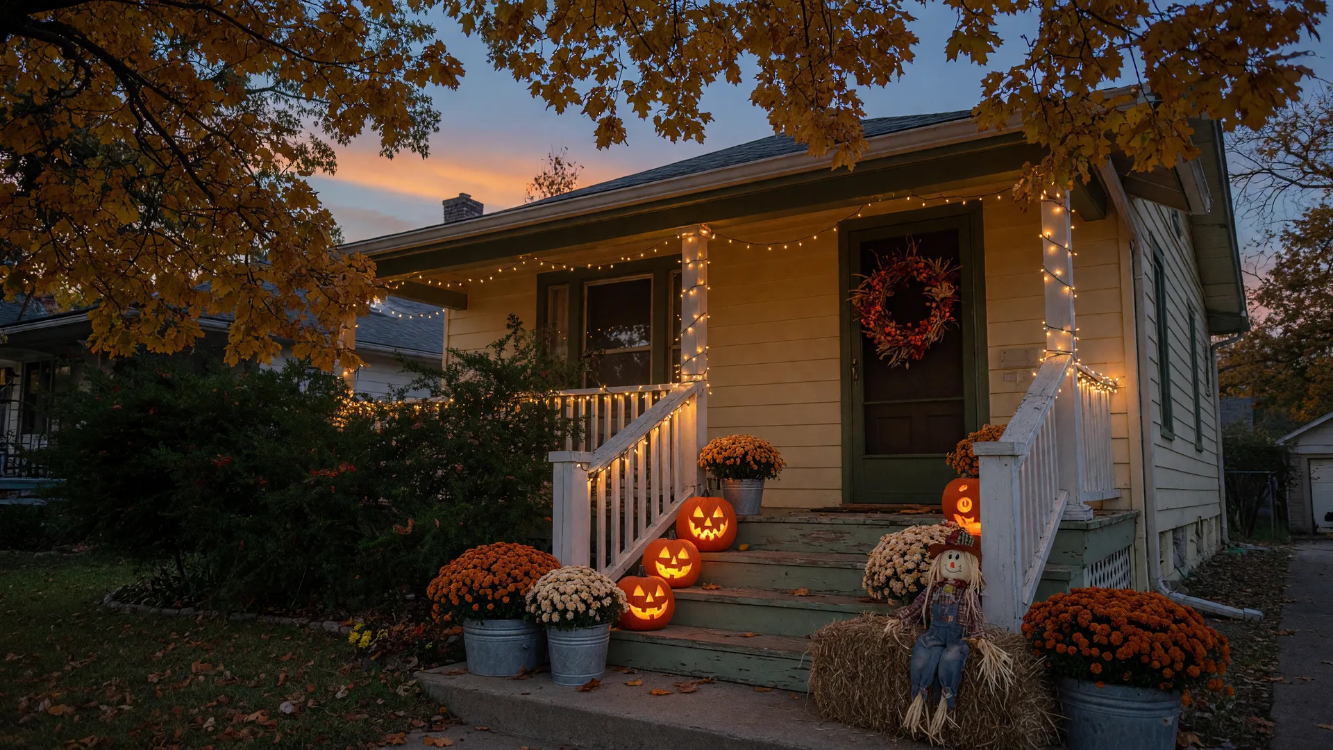 A welcoming Tulsa suburban front porch at dusk in late October with glowing carved jack-o'-lanterns on the steps, mums, a straw bale, and warm string lights under amber oak trees