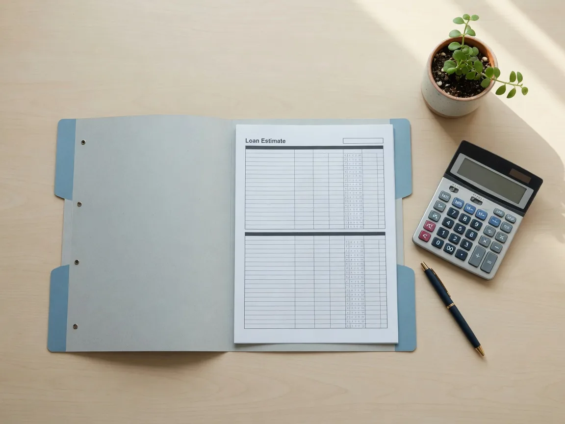 Flat-lay of a closing folder with a Loan Estimate, calculator, pen, and small houseplant on a desk