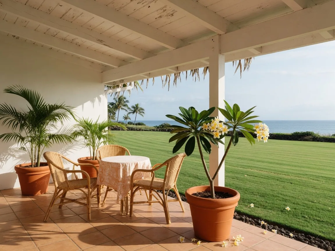 A bright lānai with rattan chairs and potted palms