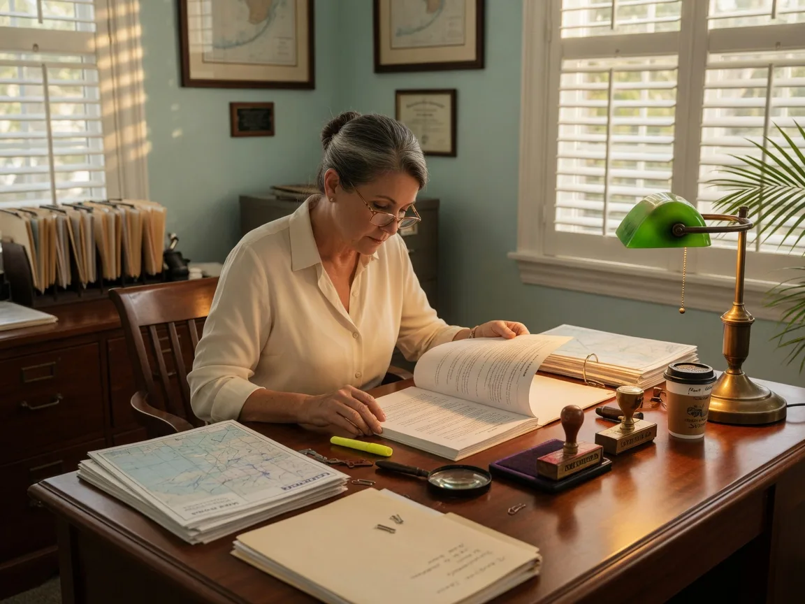 Title company office in the Florida Keys with a title agent reviewing property chain of title documents at a mahogany desk, with antique brass lamp and survey maps