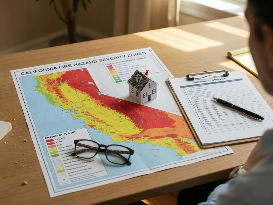 A printed California fire hazard severity zone map and a homebuyer checklist on a desk with a pen and reading glasses