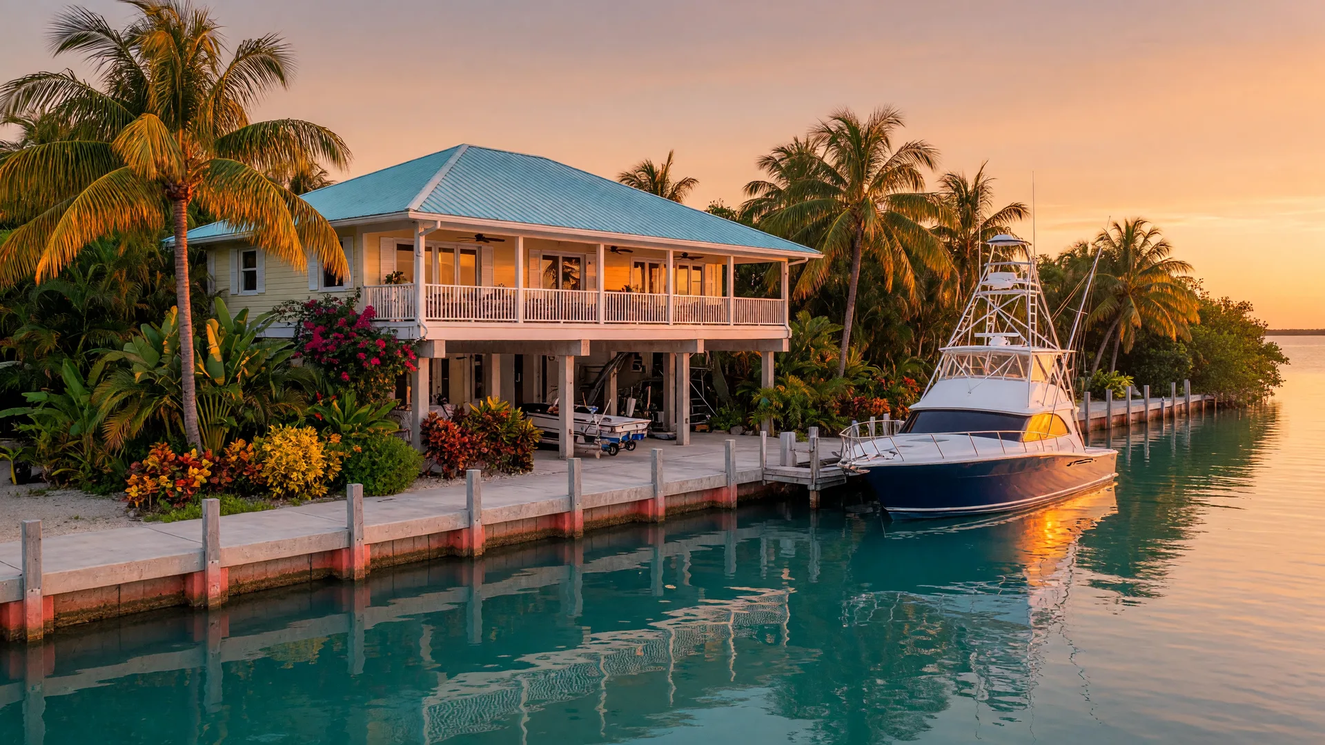 A deep-water canal-front luxury home in Islamorada in the Florida Keys at golden hour, a metal-roofed Keys home elevated above a private concrete dock with a sportfishing yacht moored, palm trees and glassy turquoise water