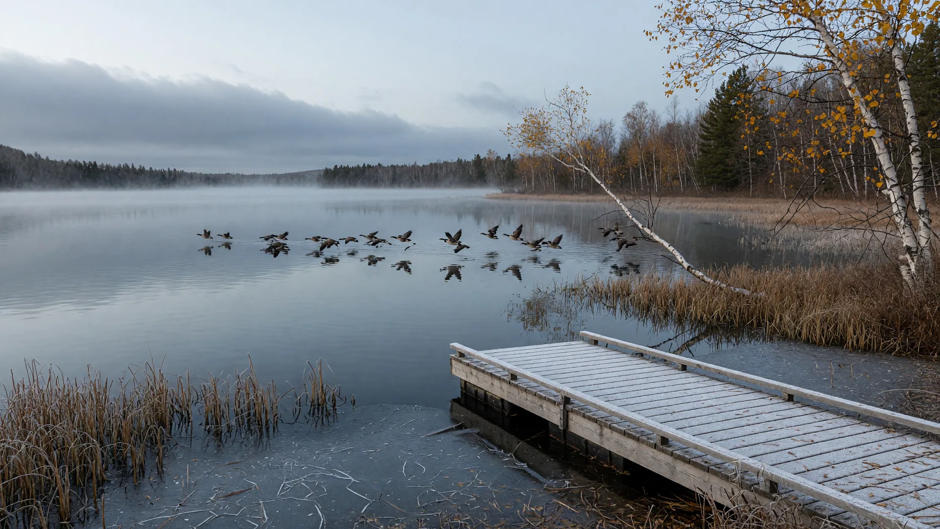 A northern Minnesota lake at the very end of October with a thin skim of ice along a reedy shoreline, a frost-coated wooden dock, last gold leaves on bare birch and aspen, a low flock of migrating geese over steel-blue water, and low mist under an overcast cold-front sky