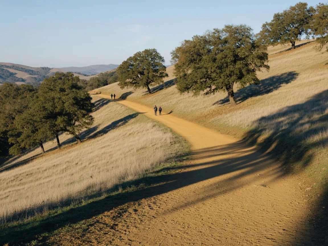 A golden trail winding through oak-dotted foothills near Murrieta on a crisp New Year's Day morning, with a few distant hikers and a pale blue winter sky