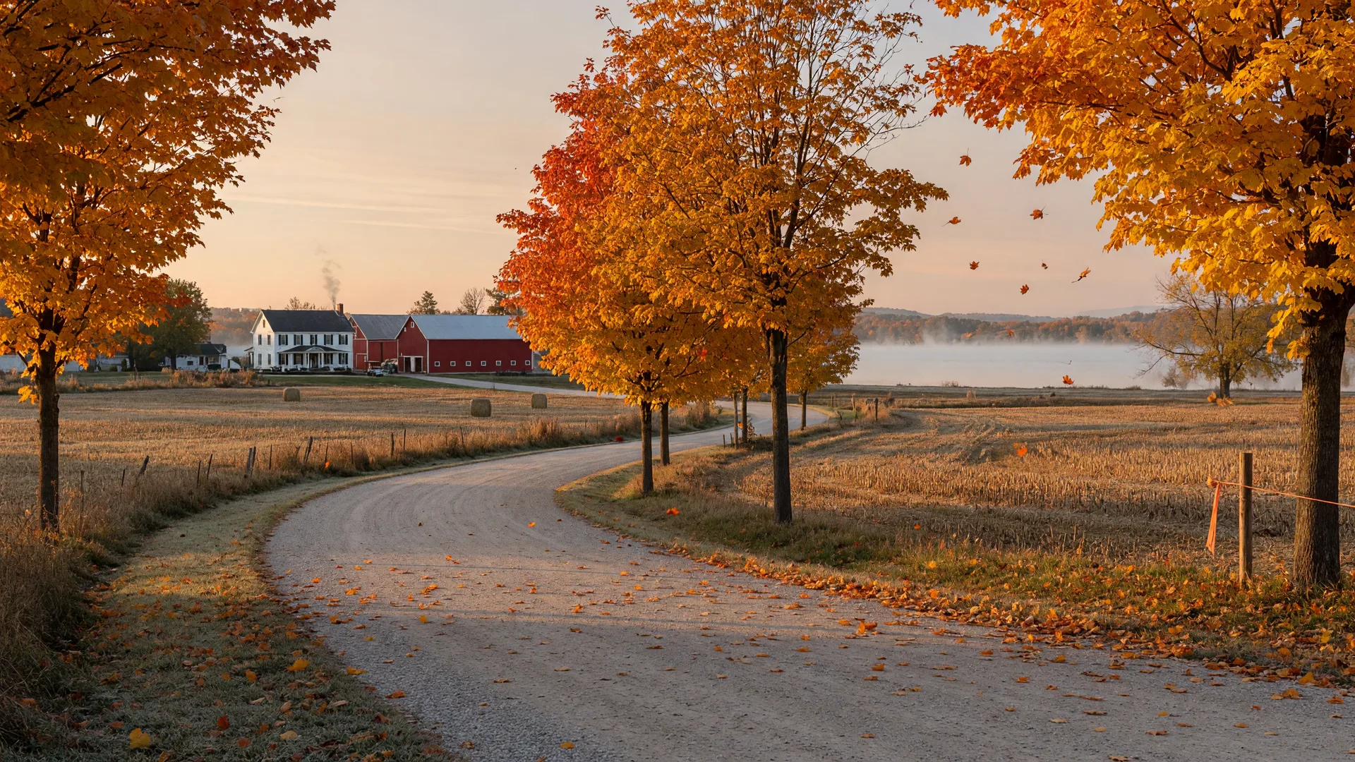 A winding rural gravel lane lined with sugar maples in orange and gold autumn colour leading toward a white farmhouse with a red barn in Scugog Township, with Lake Scugog glimpsed between the trees in soft morning mist