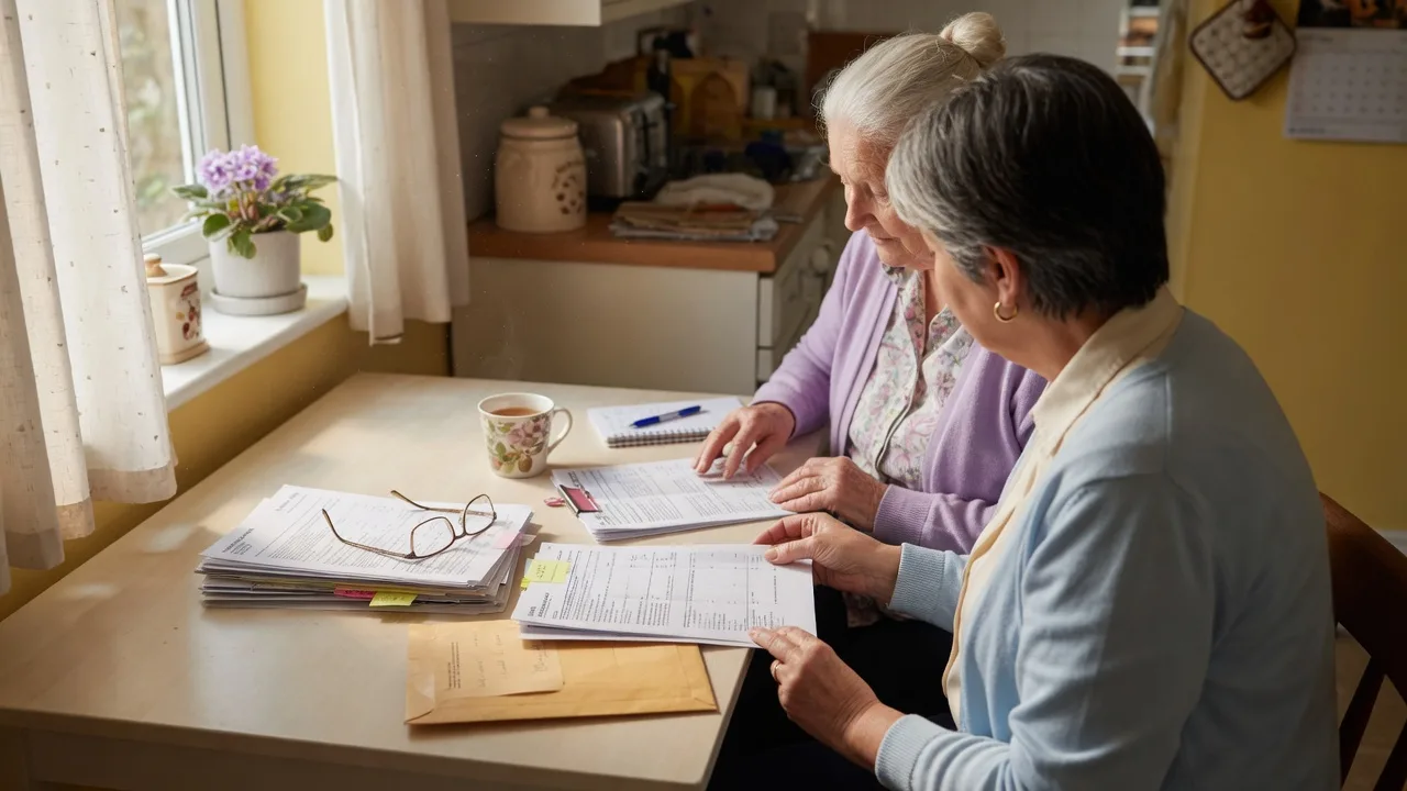 An adult daughter and her mother reviewing mortgage documents together at a sunlit kitchen table