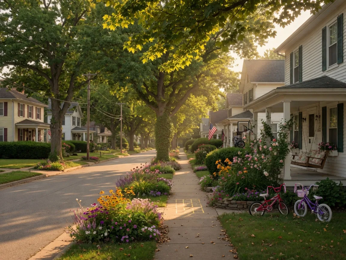 A peaceful Liberty neighborhood street with mature trees, sidewalks, and well-maintained homes