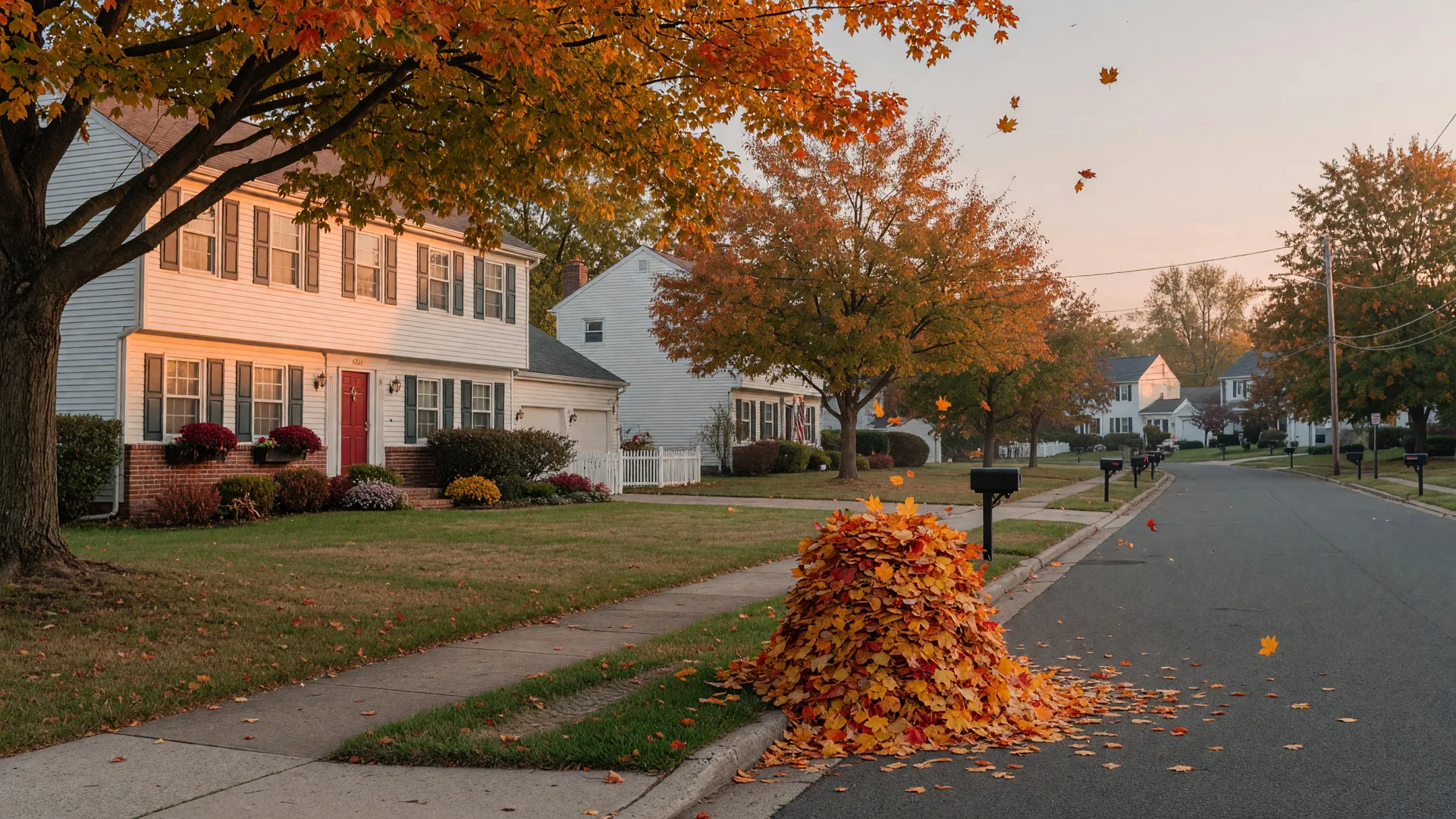 Colonial home in Cherry Hill with autumn leaves raked to the curb in late-afternoon light