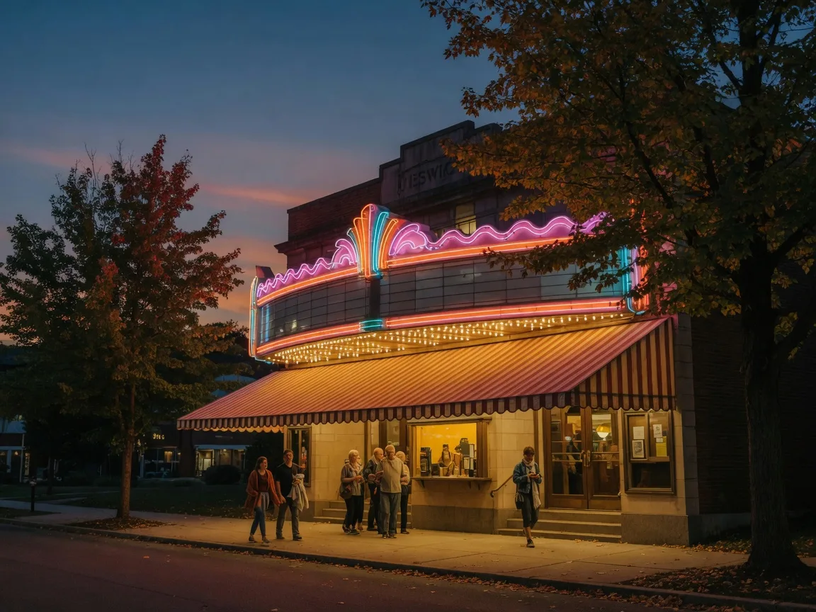 The historic Keswick Theatre in Glenside Pennsylvania on a warm evening with its glowing neon marquee lit up and people approaching the entrance under the canopy