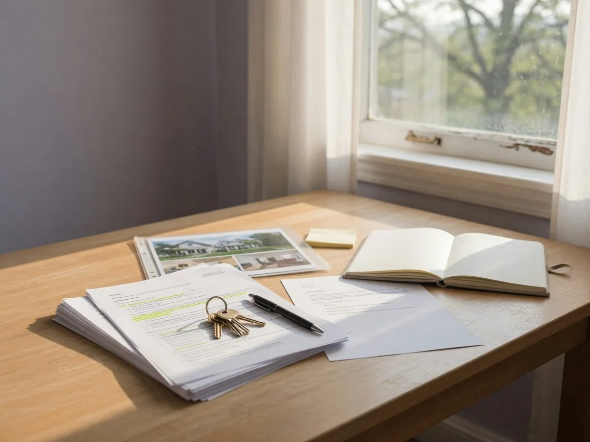 Listing documents, house keys, and a notebook on a bright desk, ready for planning a relisting