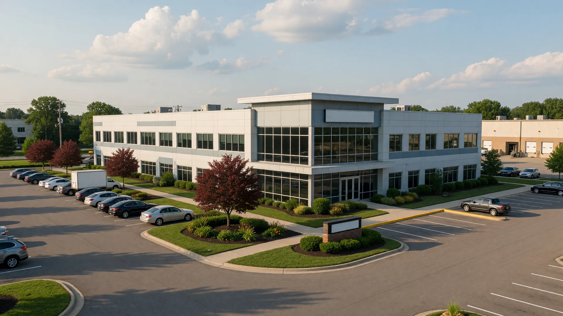 Modern commercial building in an Ohio suburban business park with professional landscaping and warm afternoon light