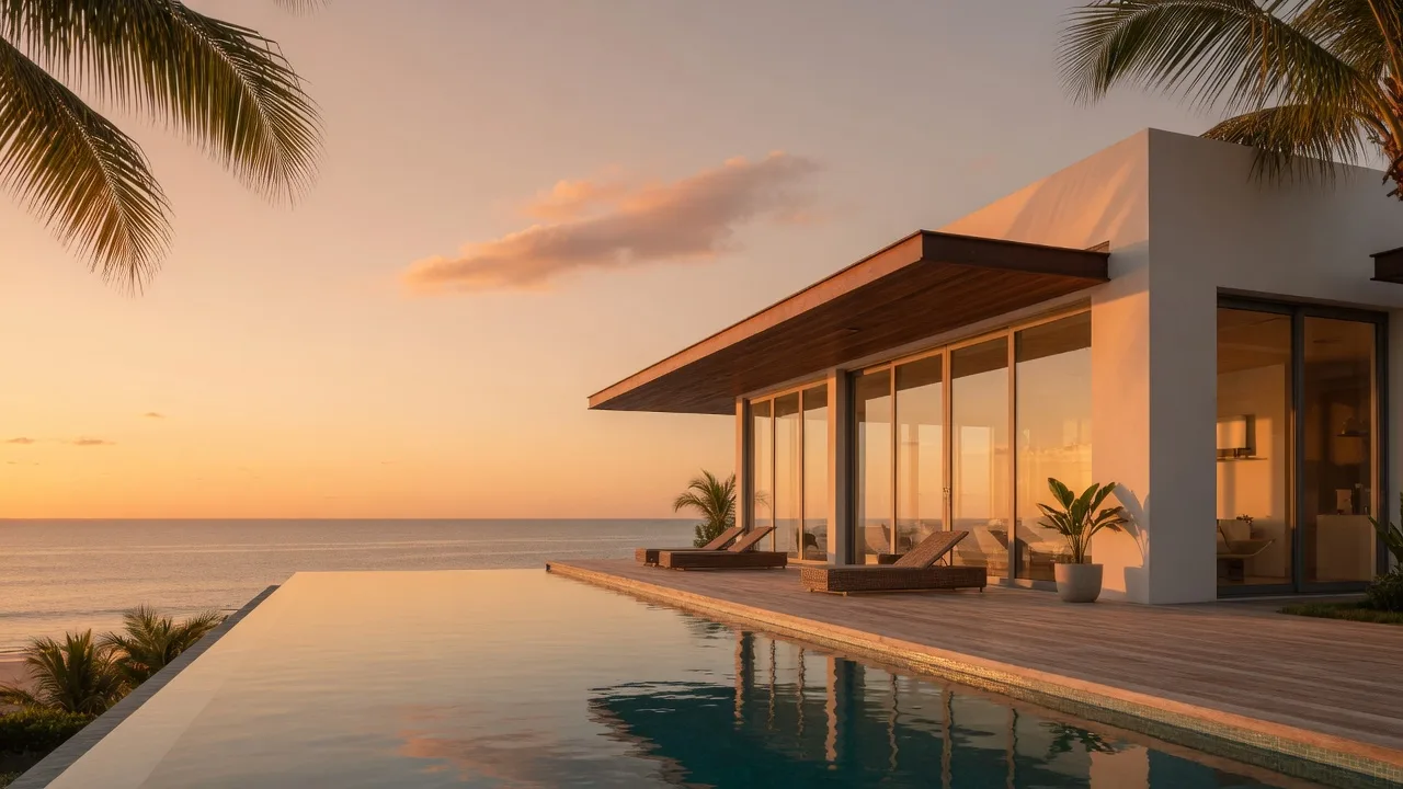 Modern beachfront villa on Panama's Pacific coast at golden hour, seen from the infinity pool terrace with the ocean horizon behind