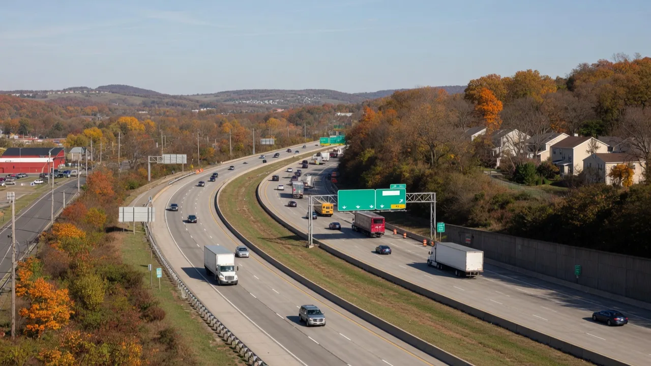 I-76 Schuylkill Expressway multilane highway curving through autumn landscape near Wayne