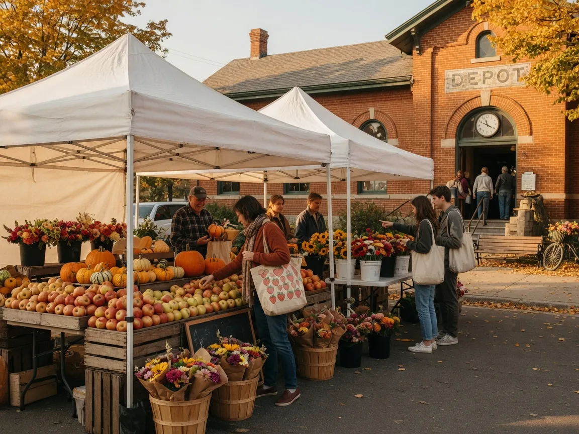 A small-town farmers market on a Saturday morning with white vendor canopies over crates of apples, pumpkins, and cut flowers, and a historic brick train station in the background