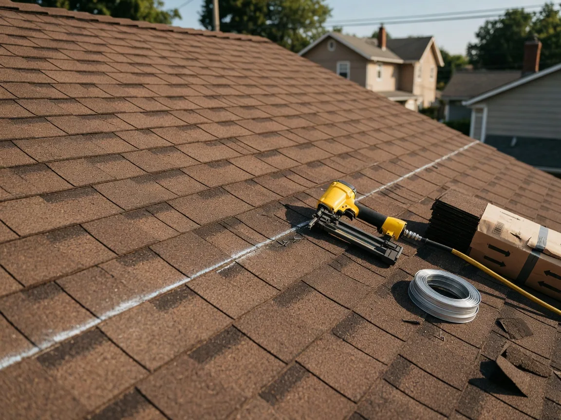 Layered architectural asphalt shingles being installed on a residential roof with a chalk line and shingle nailer
