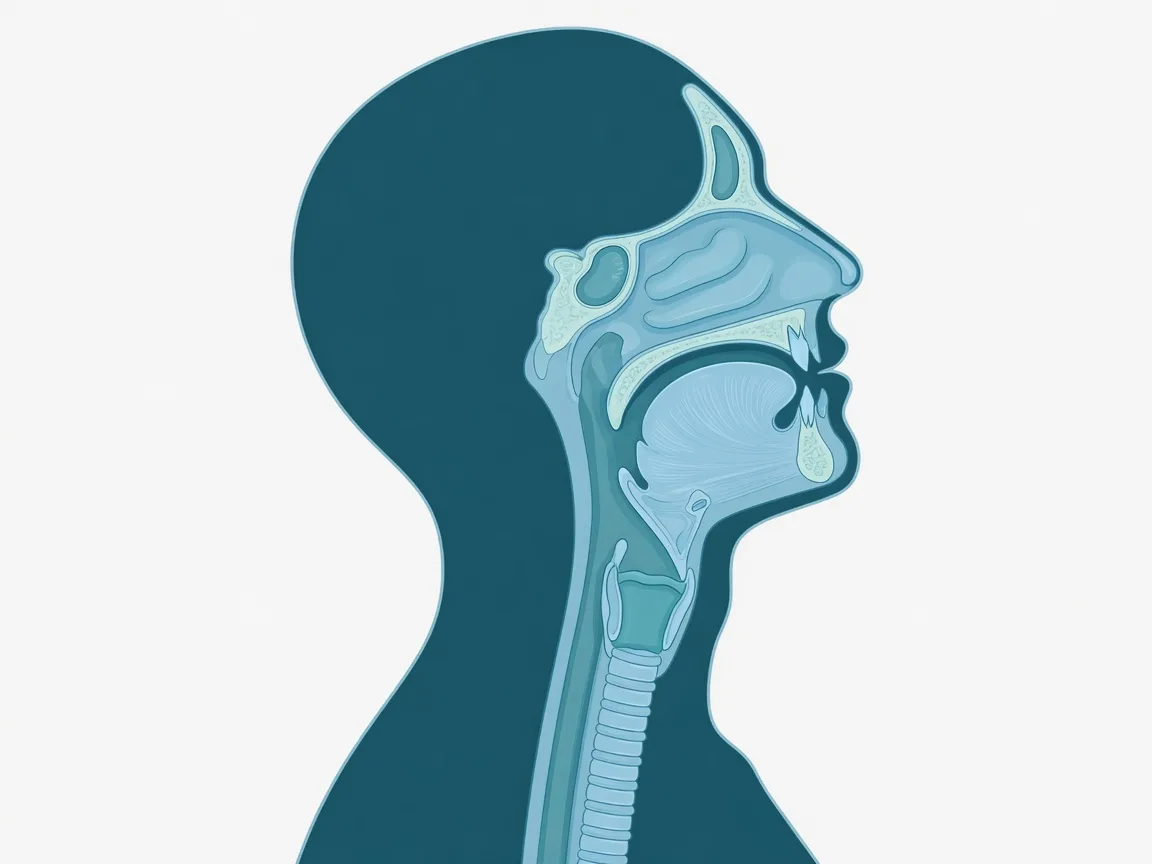 Medical illustration of the human airway anatomy showing the nasal cavity, throat, and trachea pathway